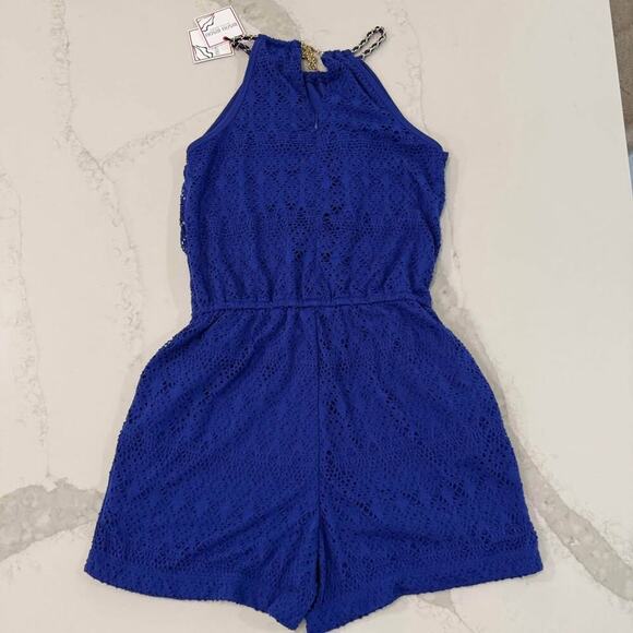 Bisou Bisou NWT Royal Blue Crochet HighNeck Gold Chain Romper Womens Size Medium - Picture 6 of 8